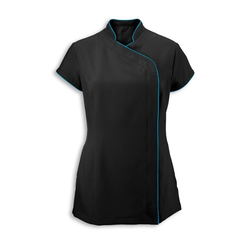 Women's Asymmetrical Zip Tunic (Black with Peacock Trim) - NF59