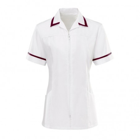 Women’s Zip Front Tunic (White With Burgundy Trim) - HS271 Women’s Zip Front Tunic (White With Burgundy Trim) - HS271