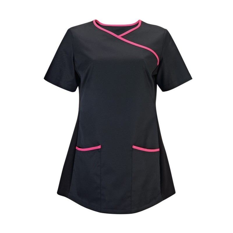 Women's Stretch Scrub Tunic (Black With Pink Trim) - NF43
