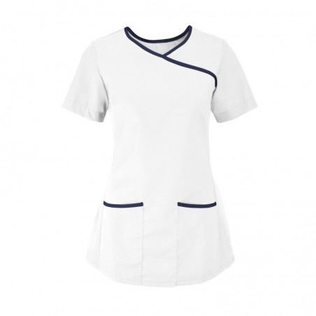Women's Stretch Scrub Tunic (White With Navy Trim) - NF43 Women's Stretch Scrub Tunic (White With Navy Trim) - NF43