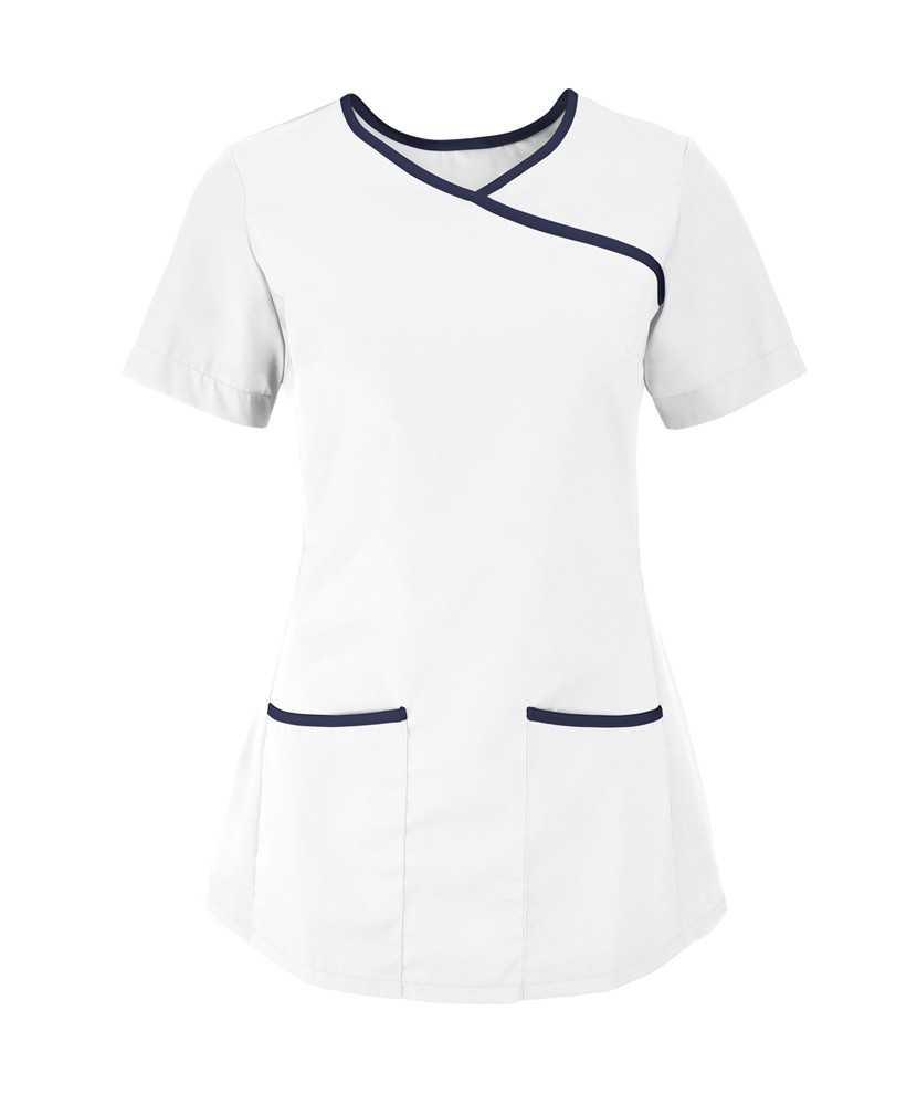 Women's Stretch Scrub Tunic (White with Navy Trim) NF43 buy now at