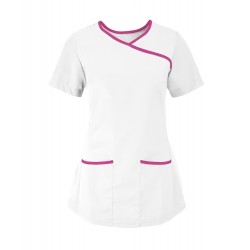 Women's Stretch Scrub Tunic (White With Pink Trim) - NF43