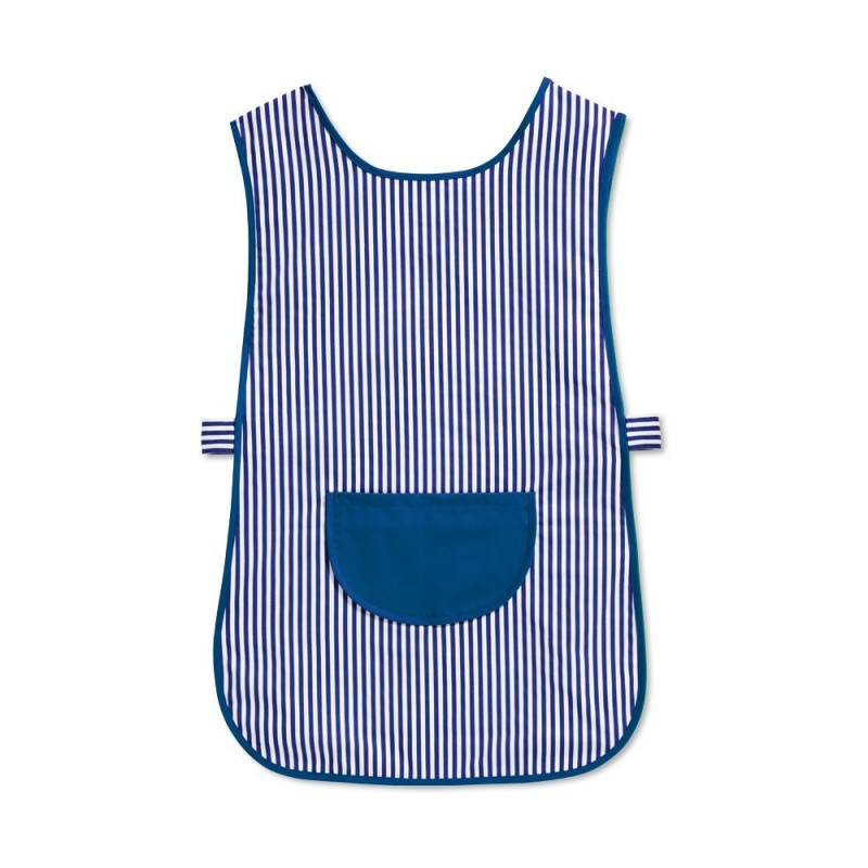 Stripe candy design tabard with contrasting piping and a front pocket. A vibrant work tabard offering visibility and a protective outer layer. Adjustable side-stud fastening and front pocket make this tabard practical as well as convenient. Available in 2 colour combinations and various sizes.