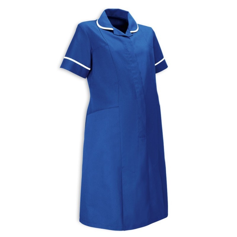 Comfortable and practical professional healthcare maternity uniform dress. A smart and practical professional healthcare uniform dress is a comfortable fit with action back, front, and skirt pleats and practical with four pockets a concealed zip front. Available in a range of colours and sizes.