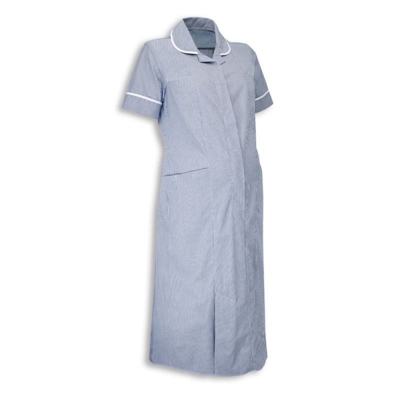Comfortable and practical maternity uniform dress in stripe fabric. Double action back with concealed zip front this healthcare maternity tunic is a comfortable fit supporting front and skirt pleats. This smart professional tunic is also practical with four pockets. Available in various colours and sizes.