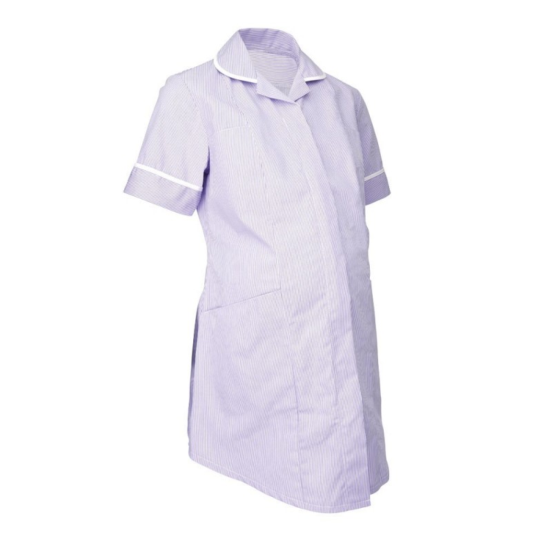 Maternity tunic in stripe fabric for designed for medical and care professionals. Comfortable yet hard-wearing professional maternity healthcare tunic with two chest pockets and two hip pockets and supporting double action back and vents for comfort. Available in a choice of colours and sizes.