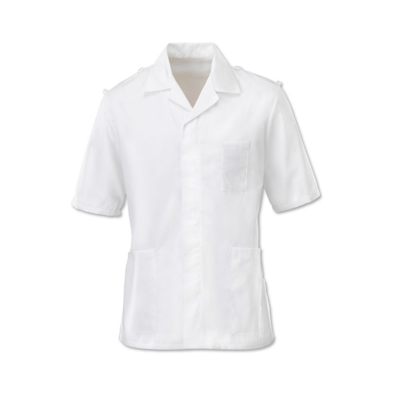 White men's epaulette healthcare tunic uniform made of polyester/cotton fabric for comfort. Supporting a double action back and vents for comfort and featuring a half belt back with a concealed zip and front and pockets. Available in White with a choice of sizes. Compatible with D101 or HL817 epaulettes.
