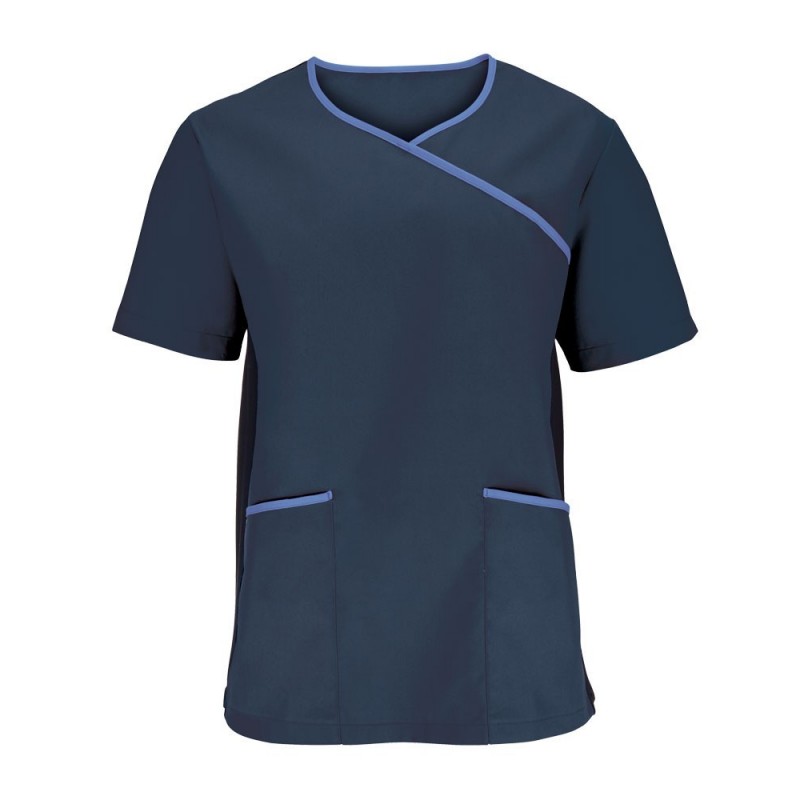 Popular and distinctively designed scrub top with mock wrap front neck with contrast bound edges. Displaying a mock wrap front neck with contrast bound edges and stretch side body panels for comfort and movement. This outstanding scrub tunic is available in different colour schemes and sizes.