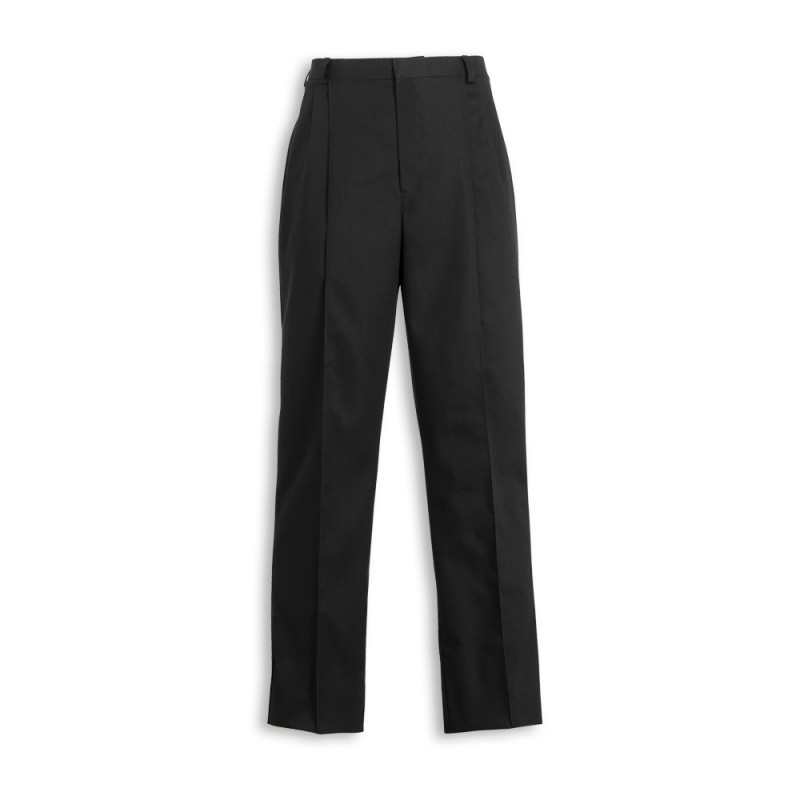 Formal work trousers that are suitable for a wide range of professions. Men's formal work trousers with smart sewn-in creases, two hip pockets, belt loops, and a zip fly with hook and bar fastening. Available in two colours and various sizing options.