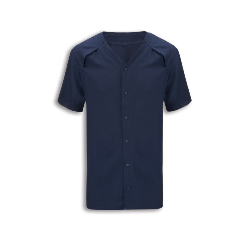 Soft-touch pyjama top designed by care professionals. Made to protect patient privacy and dignity as well as offering comfort. Designed with front shoulder openings to allow medical access for central lines. Available in Navy with various sizing options.