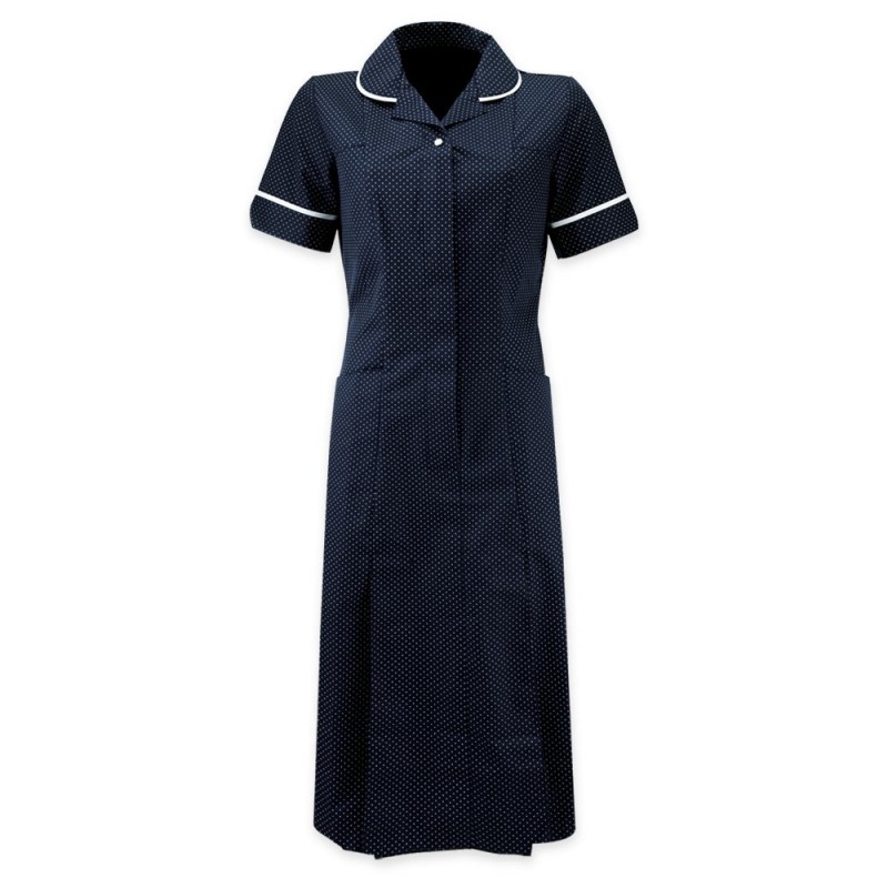 Women’s smart spot dress is suitable for numerous professional positions. Made with easily laundered polyester/cotton with a step-in style and distinctive Peter Pan collar supporting a concealed zip, two waterproof hip pockets, and one chest pocket, front and back kick pleat with double action back. Available in navy and white and various sizes.