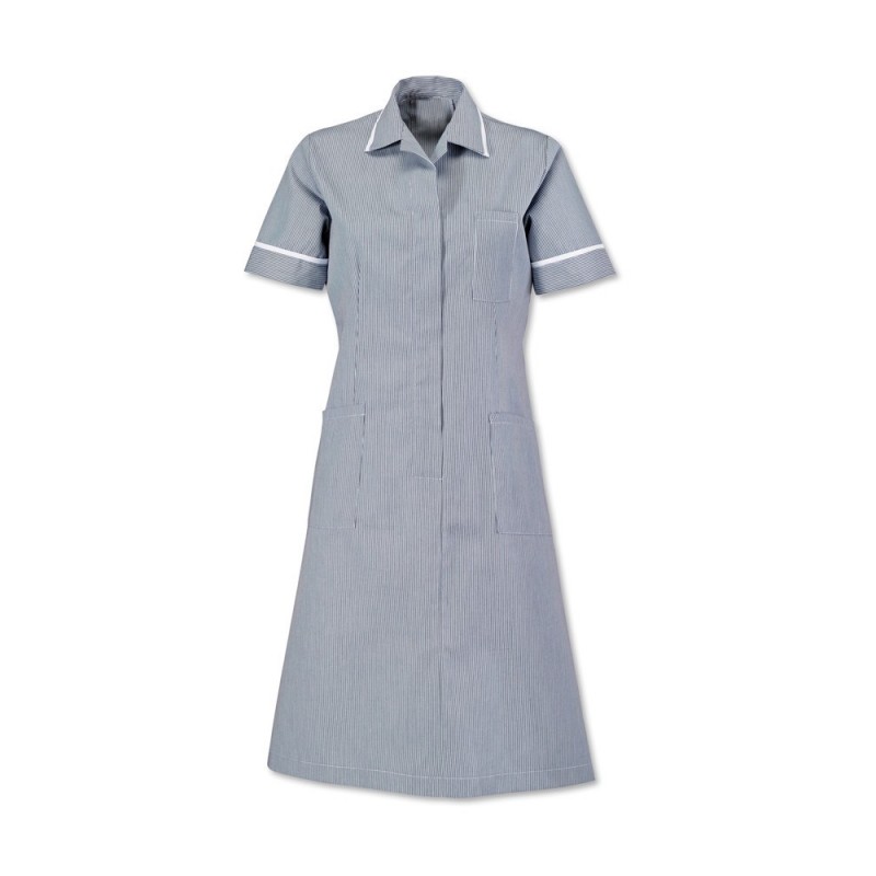 A lightweight striped dress that is suitable for nurses and other medical professionals.
Zip-front, step-in style with single action back and pleat. Made from comfortable yet durable polyester and cotton that is machine washable and industrially launderable. Available in various colours and sizes.