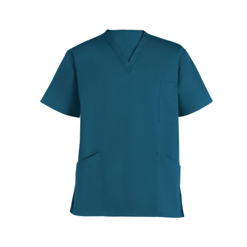 Unisex smart scrub uniform tunic for professional healthcare workers. A traditional classic v-neck tunic style with one chest pocket and two lower patch pockets also supporting side slits for freedom of movement. Available in various colours and sizes.