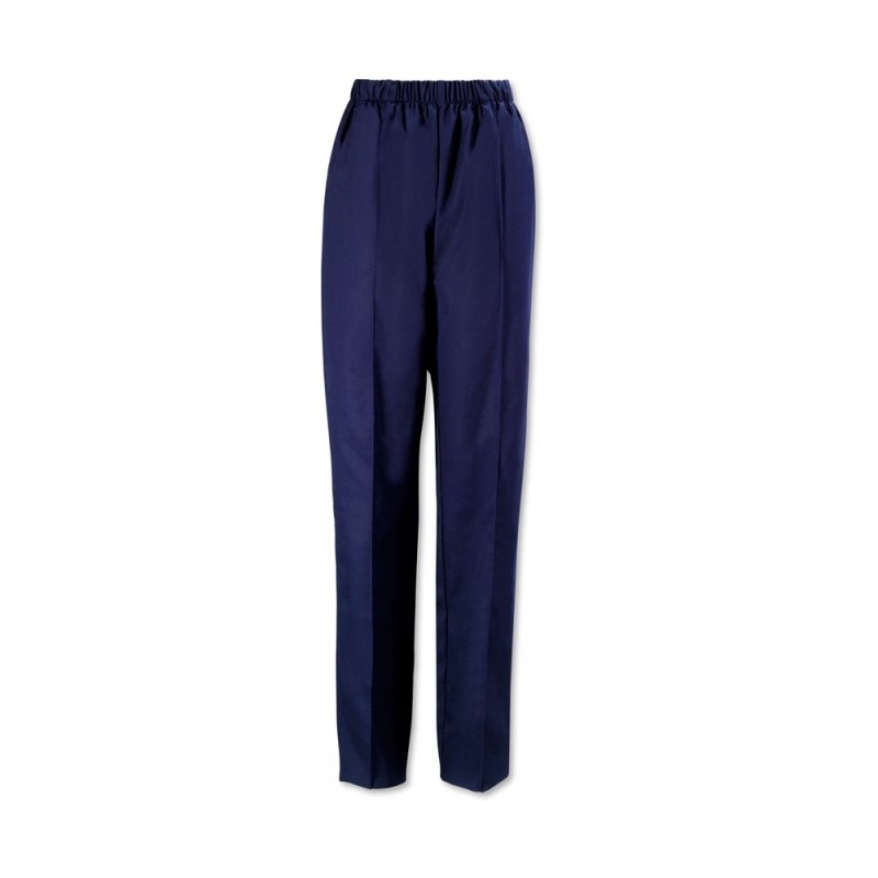 Women’s trousers with a fully elasticated waist for greater comfort. Featuring sewn-in creases for a smart and professional look, two handy hip pockets, and a fully elasticated waistband for exceptional comfort during work time. Available in Navy and various size options.