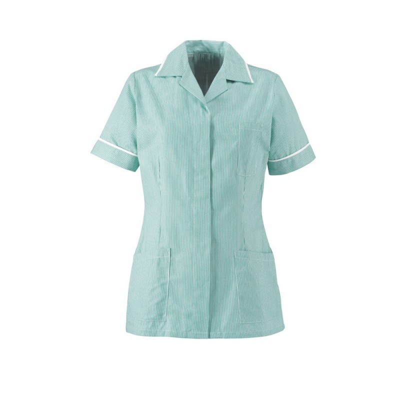 Women’s lightweight tunic in striped fabric ideal for uniforms for professions within the healthcare and medical industry. Features an open-ended zip front for improved infection control, and two hip pockets, and a chest pocket. Various sizes and colours are available.