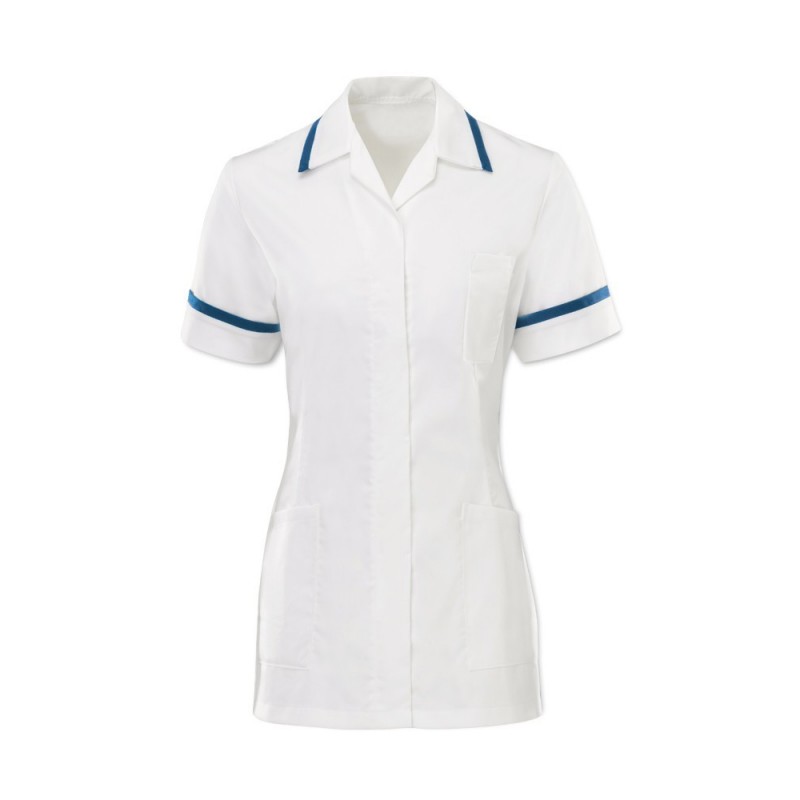 Women's comfort stretch healthcare tunic featuring double action back and side vents for a great fit. Featuring an open-ended concealed zip for improved infection control. Available with various trim colours and sizes.