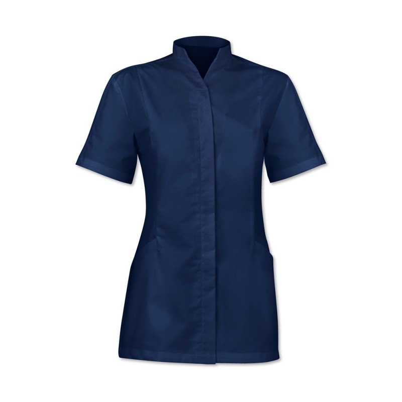 Women’s concealed button tunic with a modern stand collar for a clean, crisp, and professional look. Featuring pockets and double action back for practicality and comfort. Available in different colours and sizes.