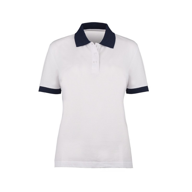 Women's contrast collar and cuff polo shirt. Ideal for active working roles. Durable and comfortable made from easily laundered polyester/cotton. Available in various colours and sizes.