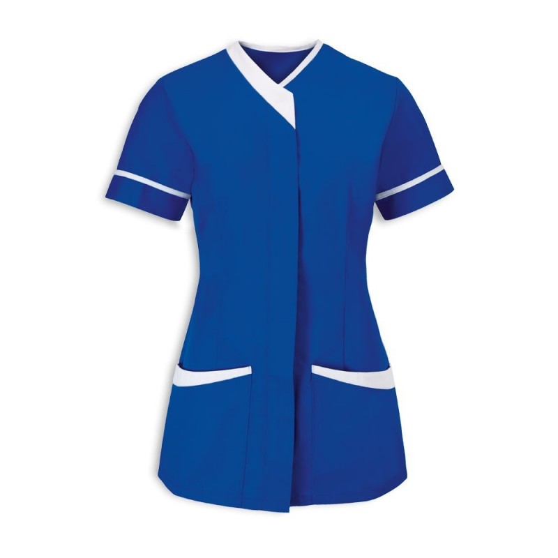 Contemporary asymmetrical design trim tunic with V-shaped neckline and shaped contrast pocket top detail. A modern design women's healthcare tunic with double action back and vents for ease of movement. A smart and elegant choice for any healthcare uniform and available in various colours and sizes.
