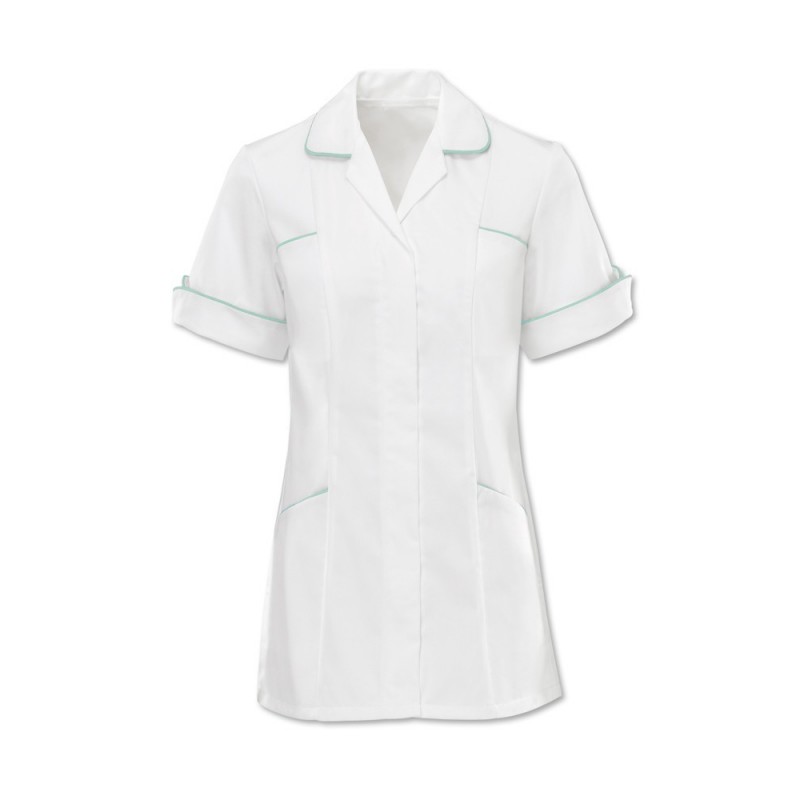 Women's trim healthcare tunic with distinctive piped turnback cuffs. With piping detail on two hip and chest pocket openings and the collar and features an open-ended zip front for improved infection control. Available in various trim colours and sizes.