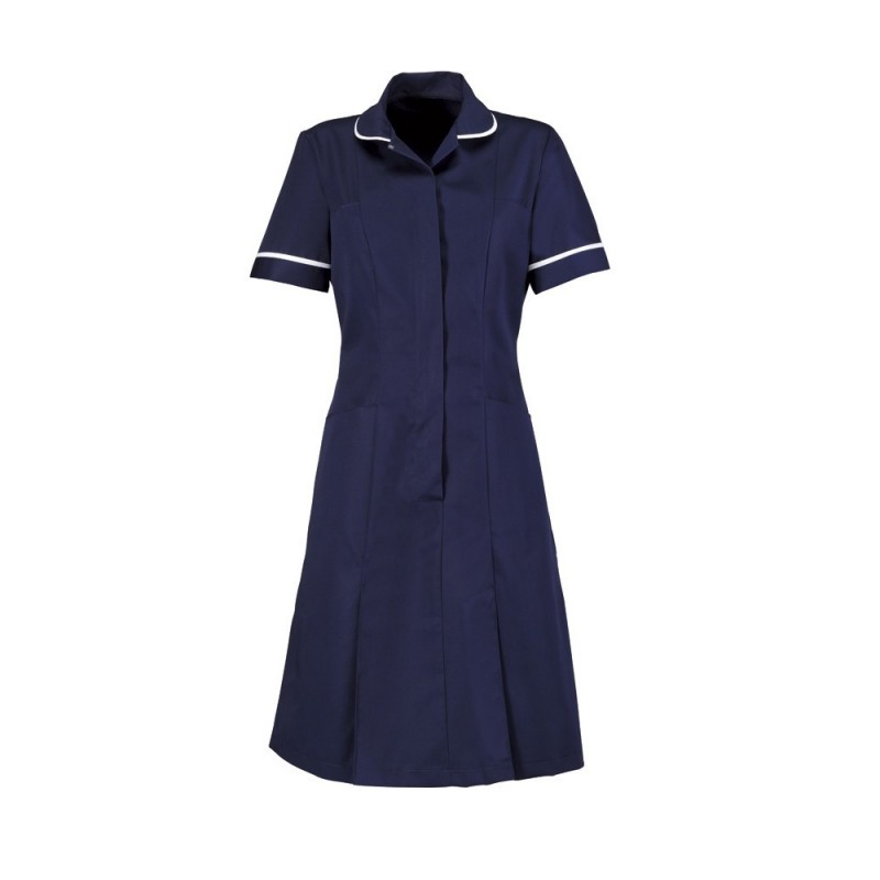 Nurse's healthcare uniform dress in step-in style and a professional look. Featuring a concealed zip front, hip and chest pockets, and double action back and skirt pleats for ease of movement. Available in various colours and sizes.