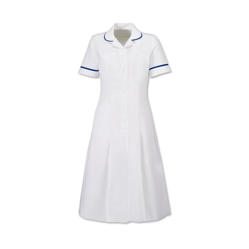 Simple design healthcare uniform dress suitable for roles within the healthcare profession. Features two hip and one chest pocket with double action back and front and back skirt pleats for ease of movement. This dress also supports a concealed zip front and step-in style. Available in a choice of colour trims and sizes.
