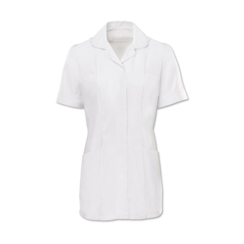 Women’s epaulette healthcare tunic uniform with a convertible collar. women's epaulette healthcare tunic uniform features a practical concealed zip front, pockets, and vents. Compatible with D101 and HL817 epaulettes. Available in various sizes.